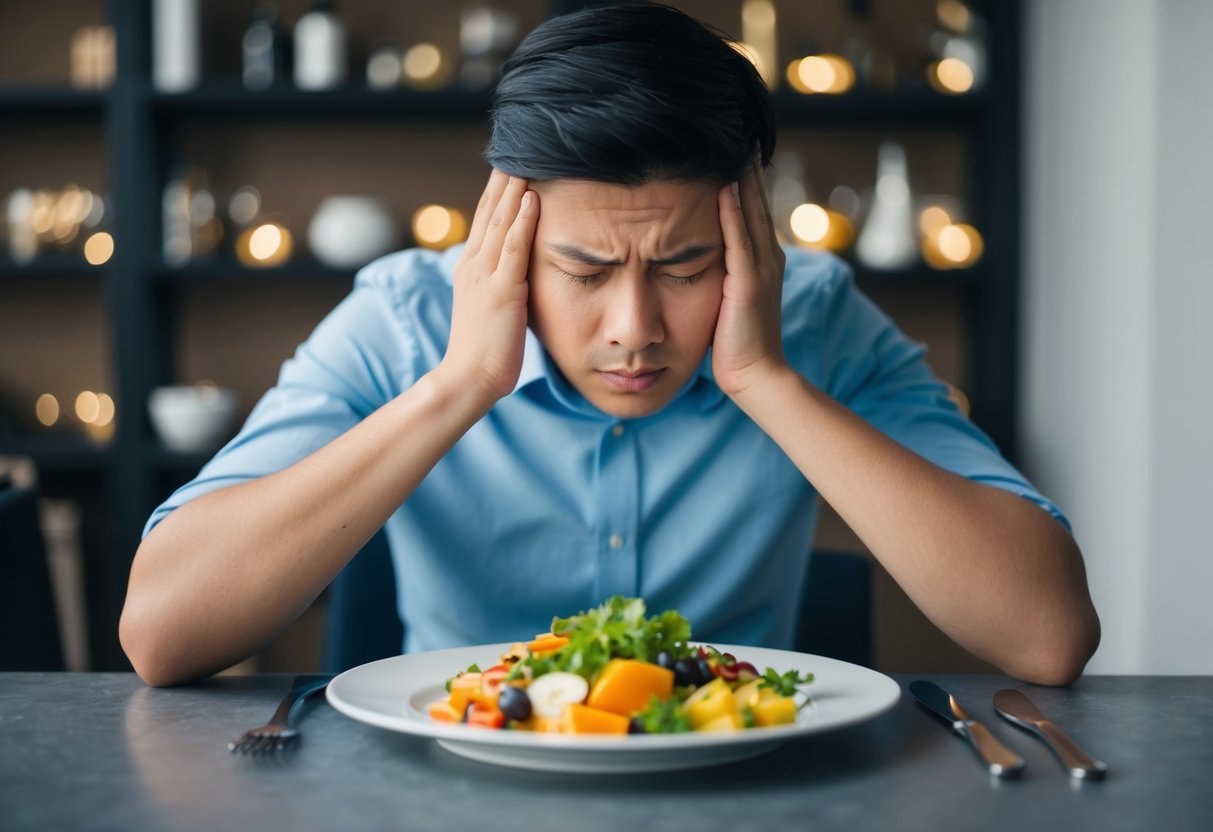 A person sitting at a table, staring at a plate of food with a look of discomfort or anxiety on their face. The food on the plate is varied and colorful