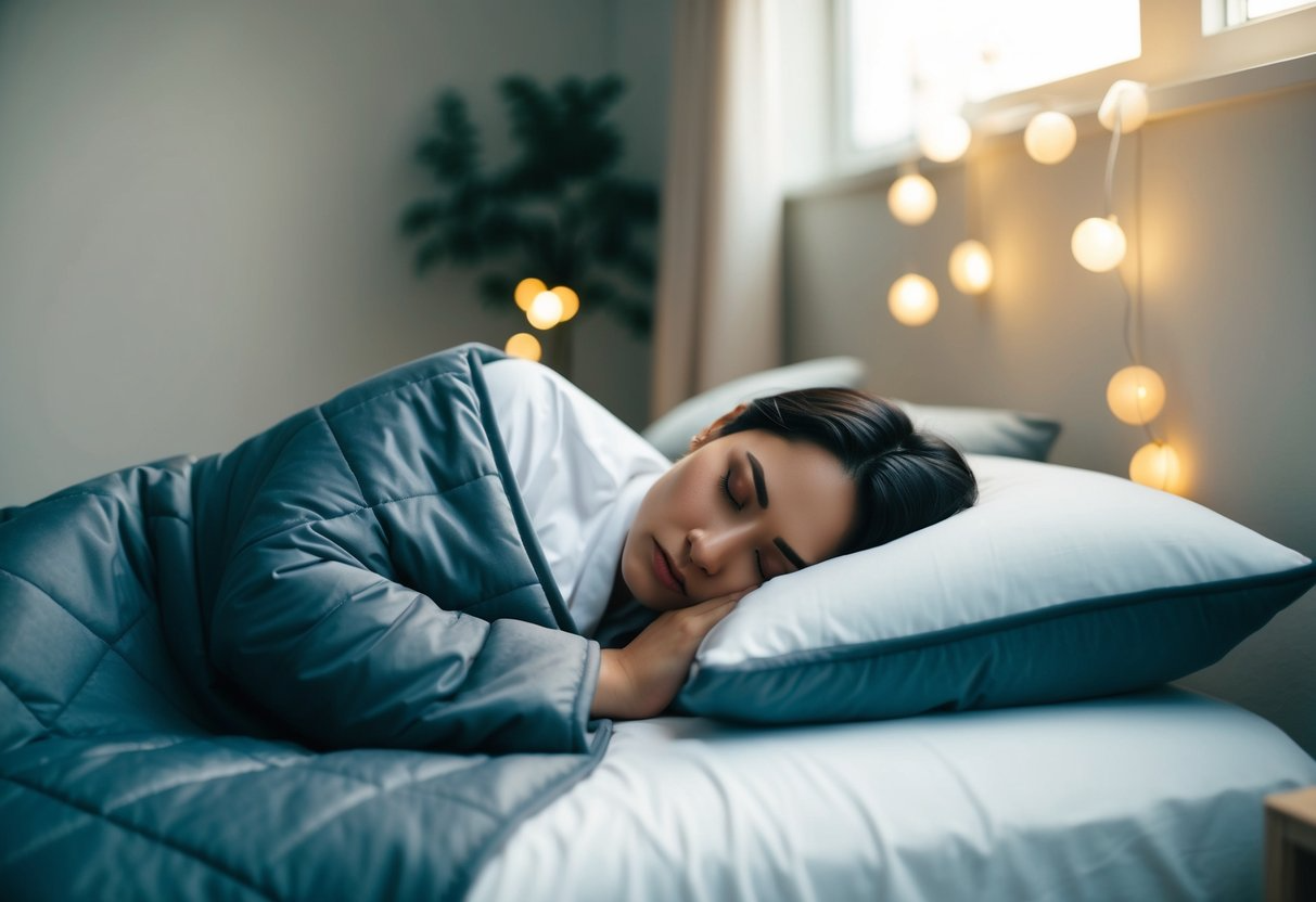 A person peacefully sleeping under a weighted blanket, surrounded by a calm and cozy atmosphere with soft lighting and a comfortable bed