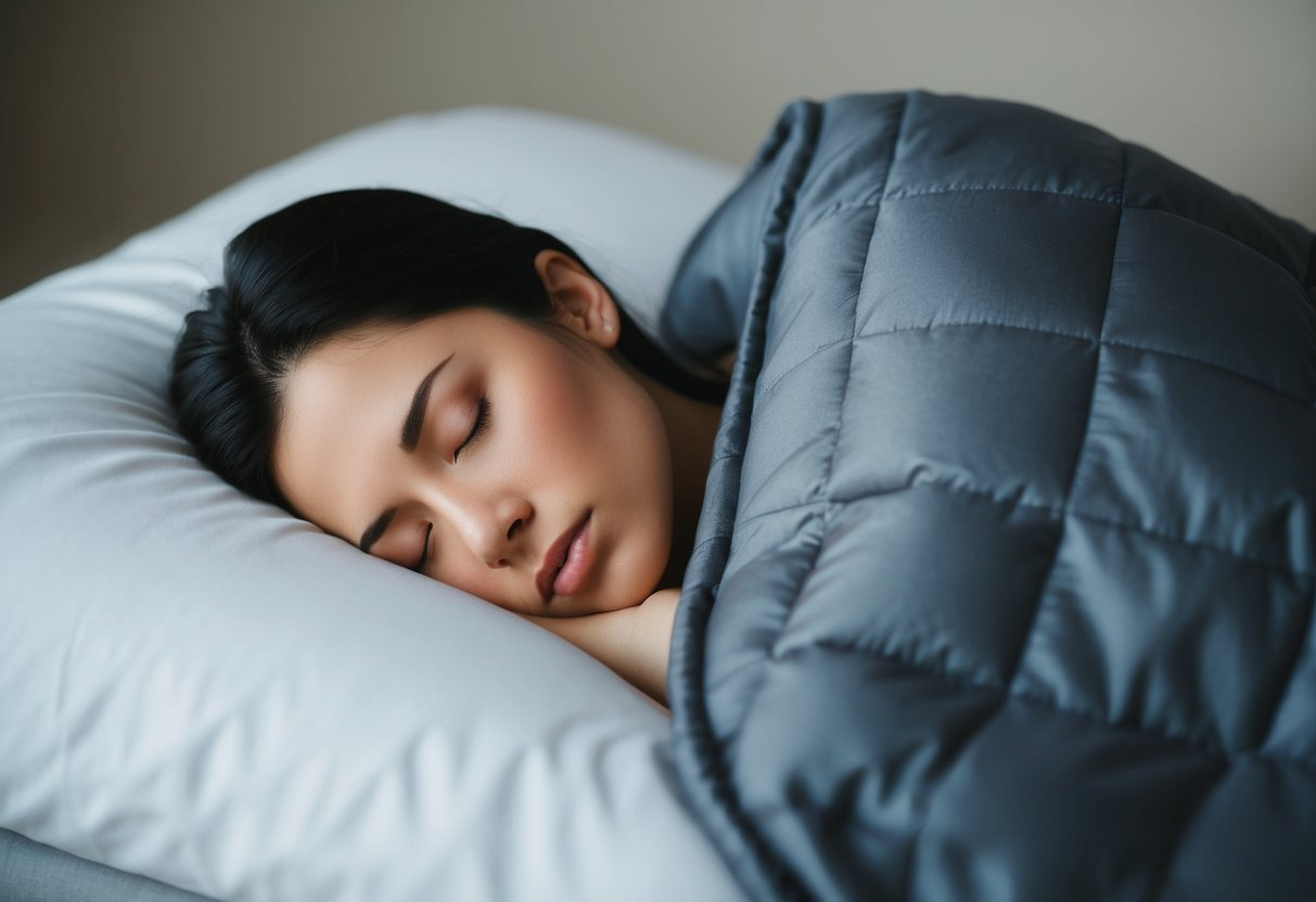 A person peacefully sleeping under a weighted blanket, with a sense of calm and relaxation emanating from the scene