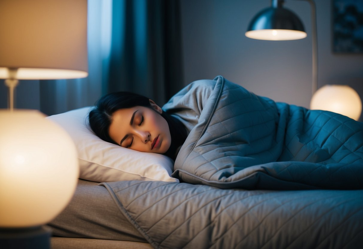 A person lies peacefully under a weighted blanket, surrounded by a cozy bedroom with dim lighting and a serene atmosphere