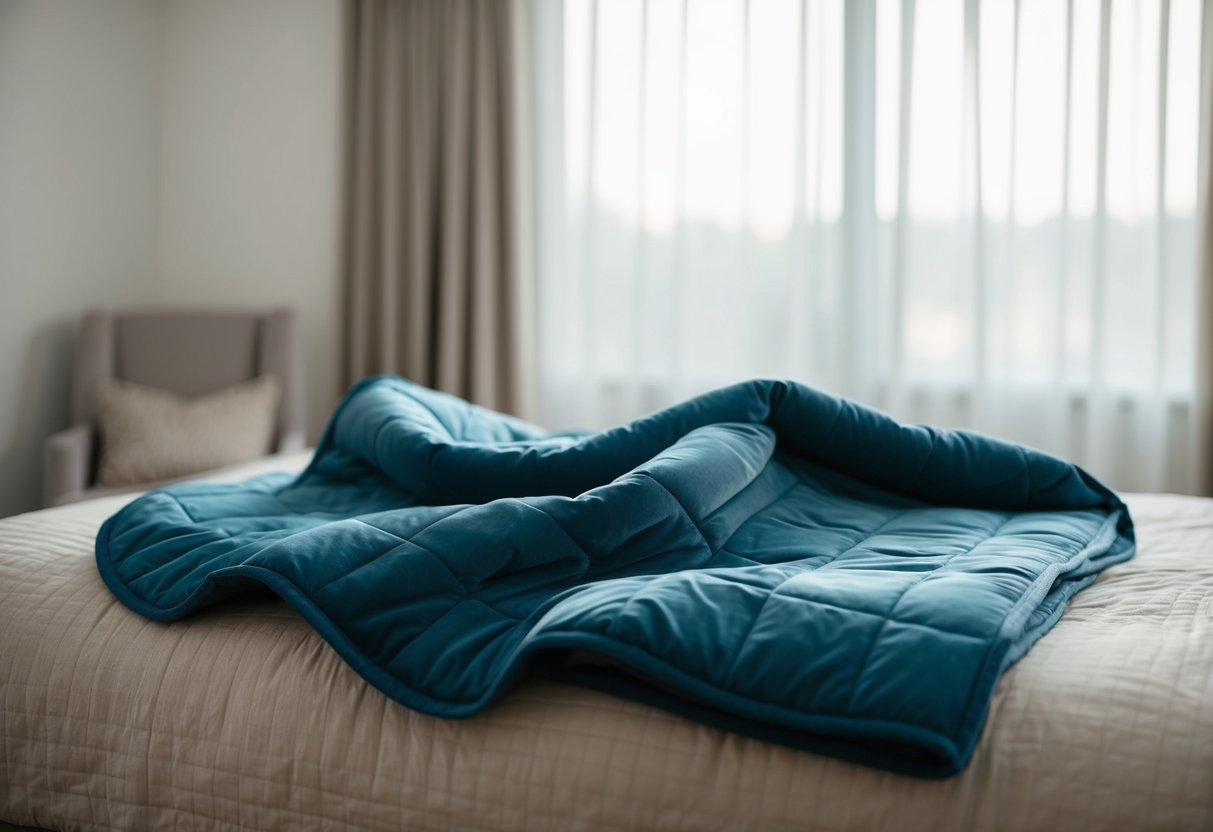 A cozy bed with a weighted blanket draped over it, showing the distribution of weight and the calming effect it has on the bed