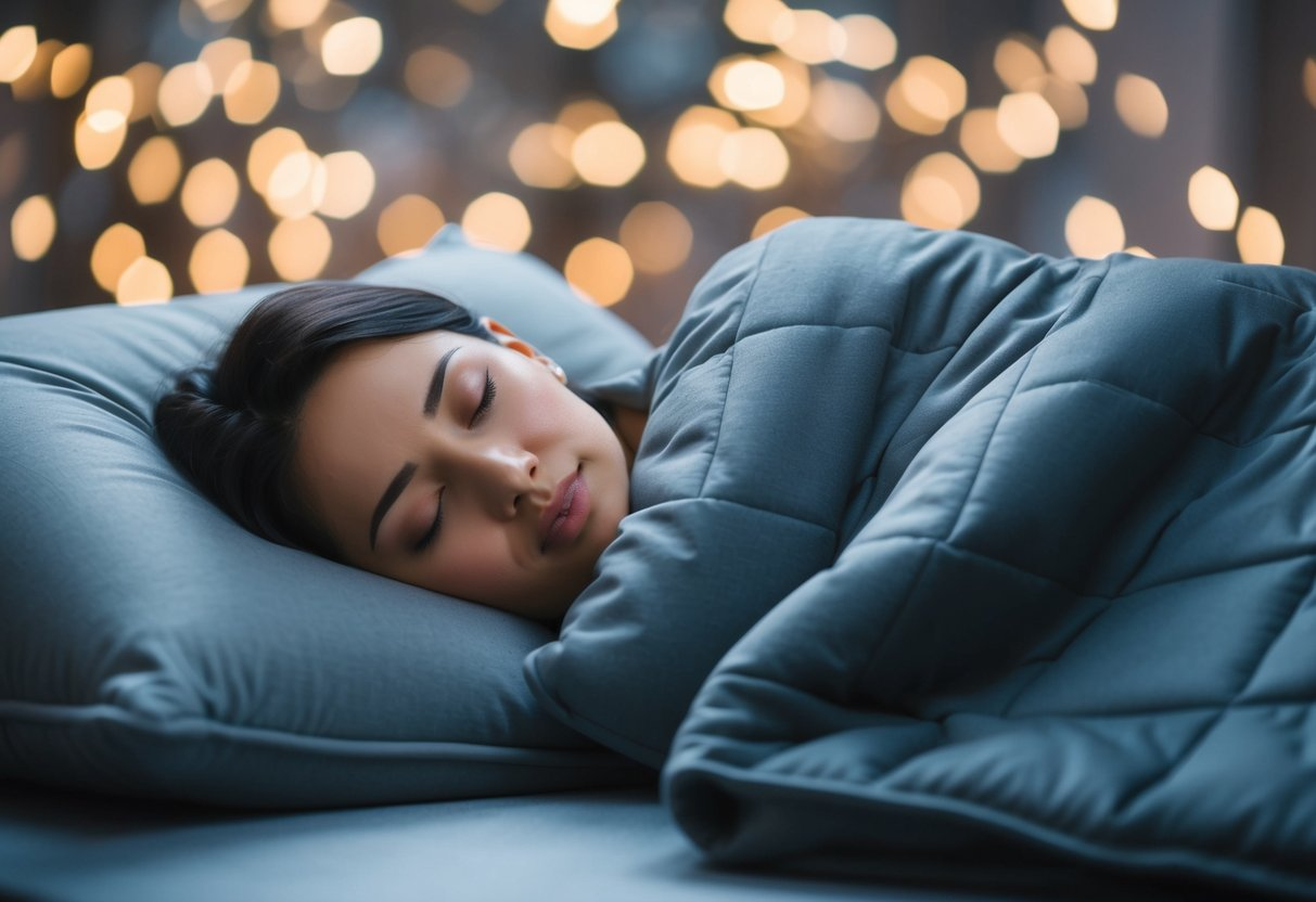 A person lying under a weighted blanket, feeling comforted and relaxed as the blanket provides gentle pressure