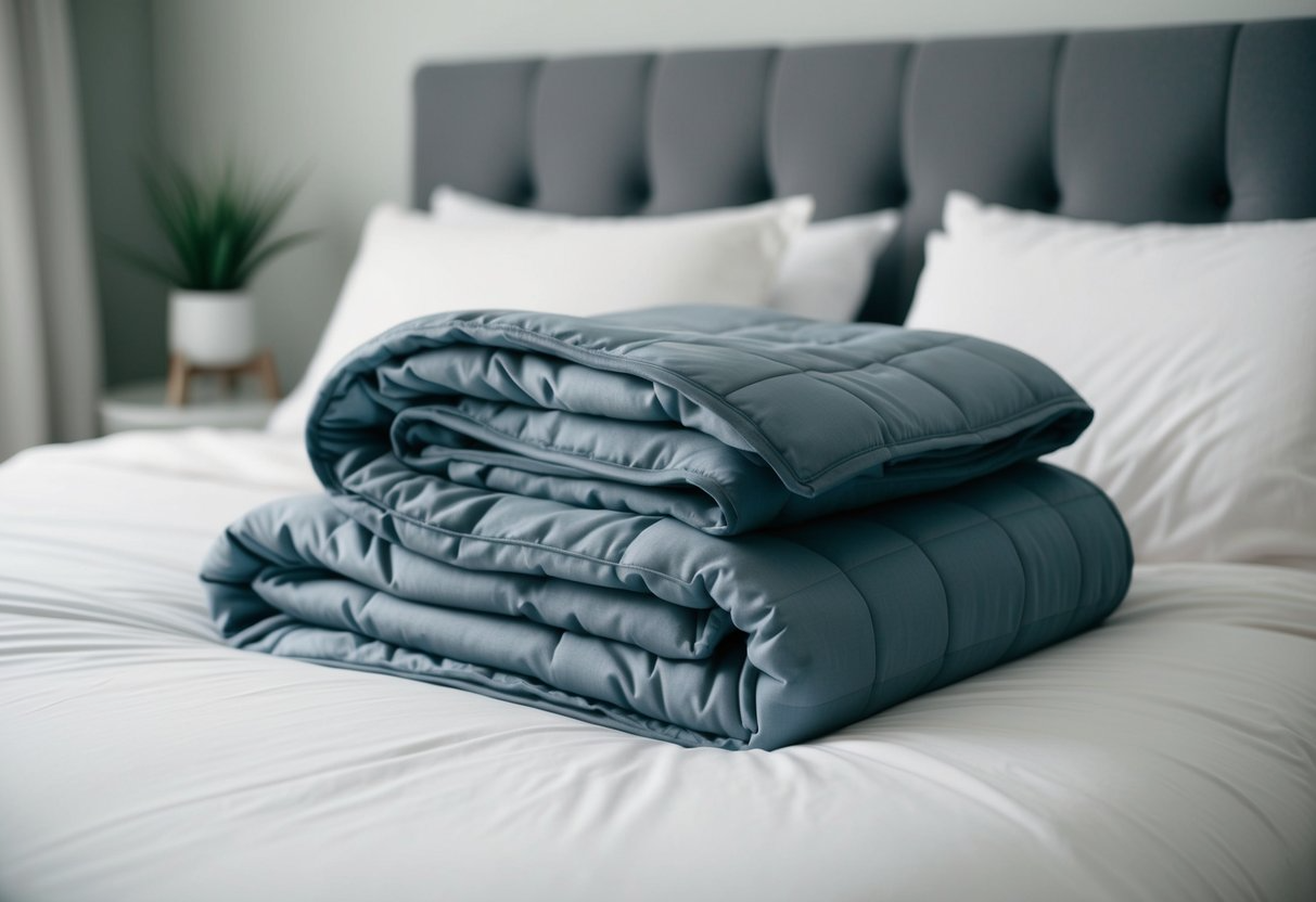 A weighted blanket draped over a bed, with gentle folds and a calming color palette