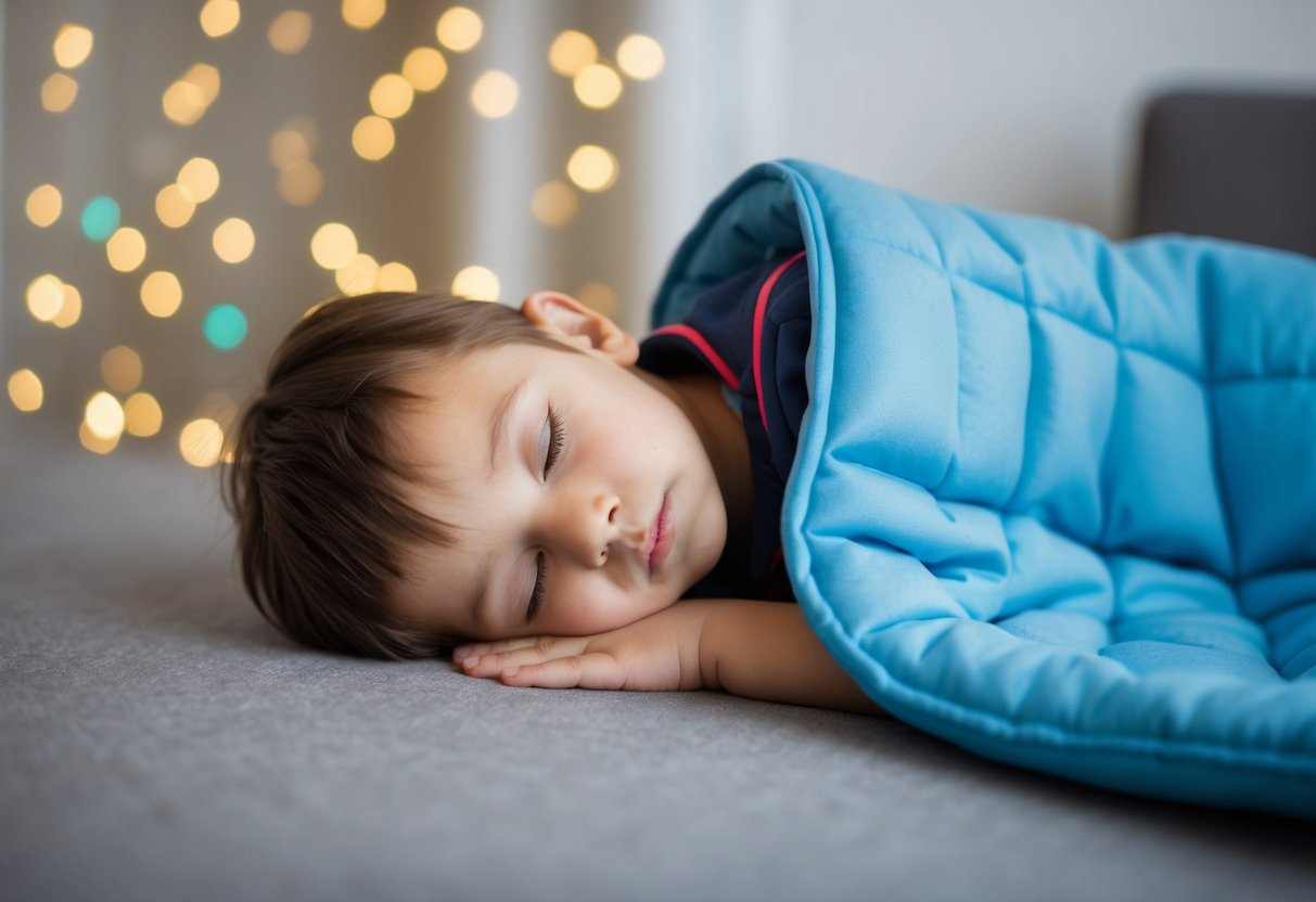 A child with sensory processing disorder lies under a weighted blanket, feeling comfort and calmness as the pressure stimulates the release of serotonin