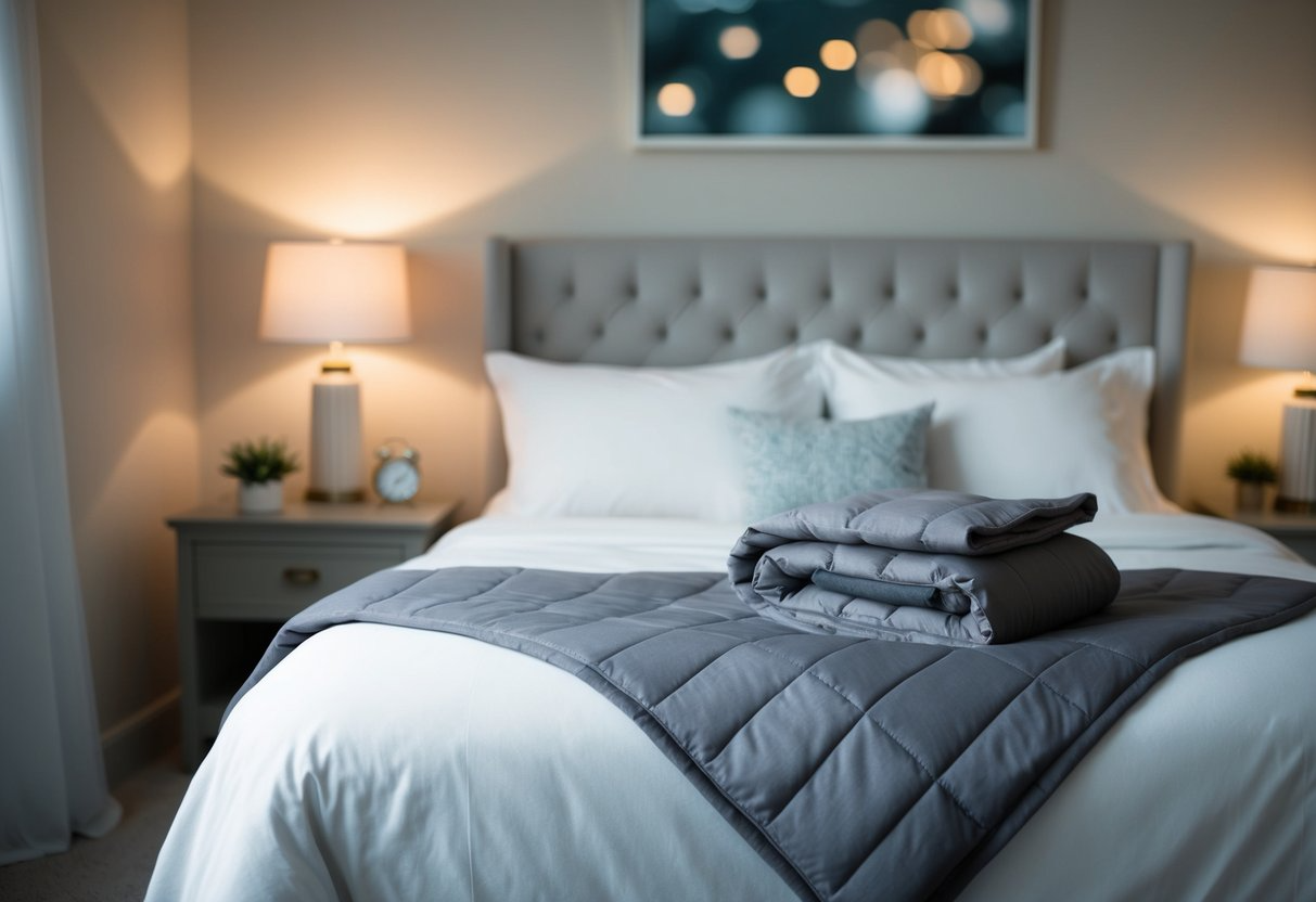 A cozy bedroom with a neatly made bed, featuring a weighted blanket draped over the comforter. Soft lighting and calming decor create a serene atmosphere