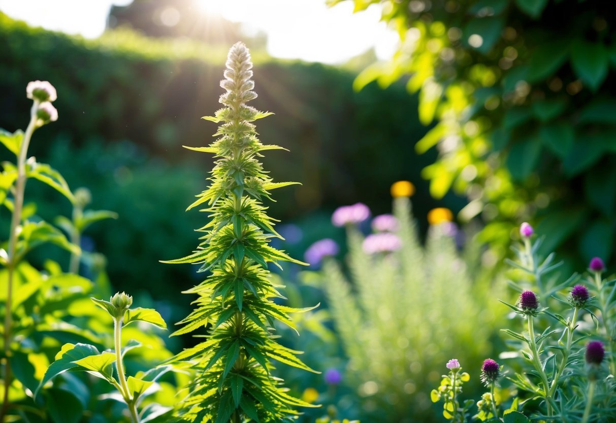 A serene garden with a mullein plant growing tall and vibrant, surrounded by other herbs and flowers. Sunlight filters through the leaves, creating a peaceful and inviting atmosphere