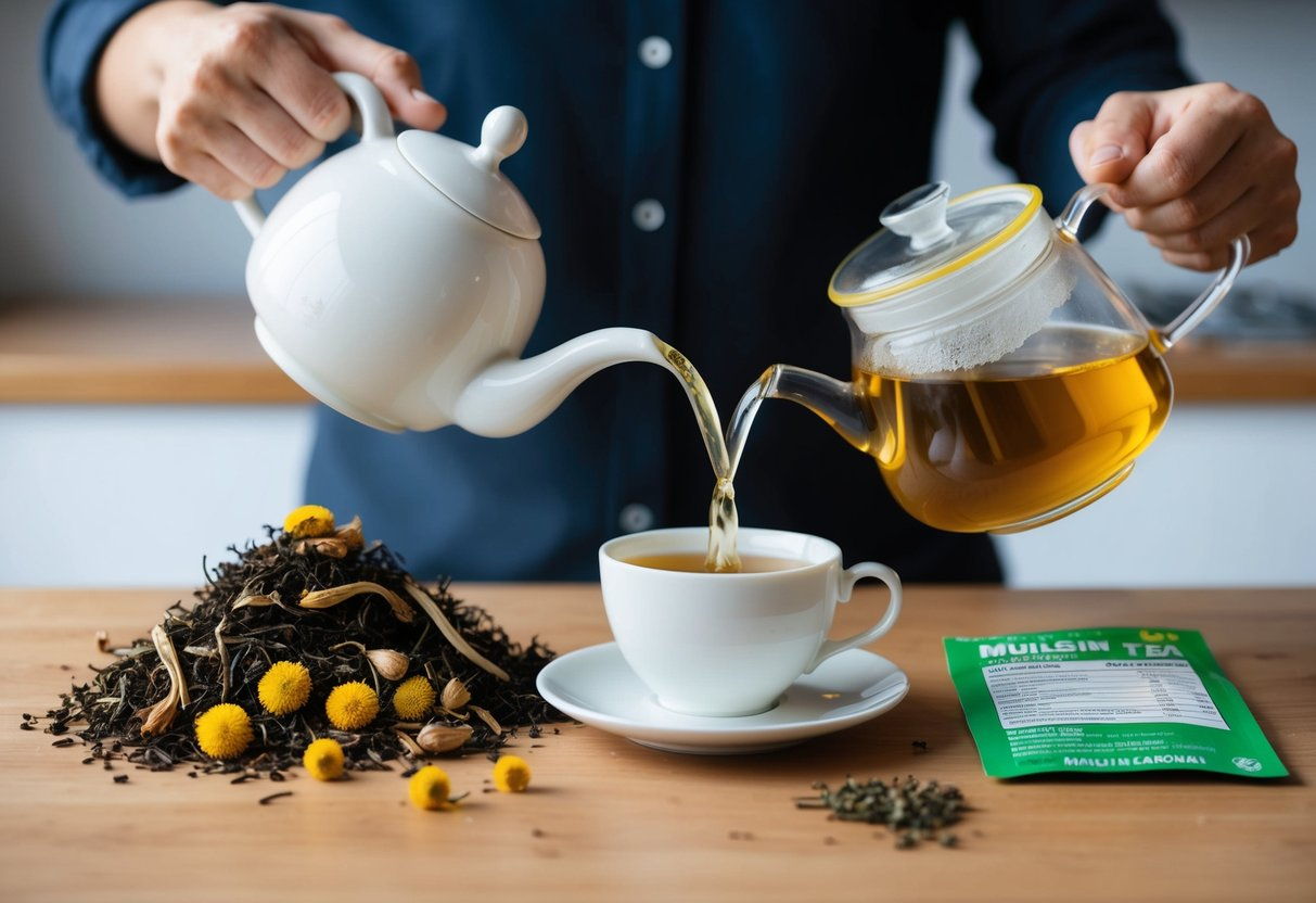 A person pouring mullein tea from a teapot into a cup, with a pile of dried mullein leaves and flowers on the table next to a nutrition label