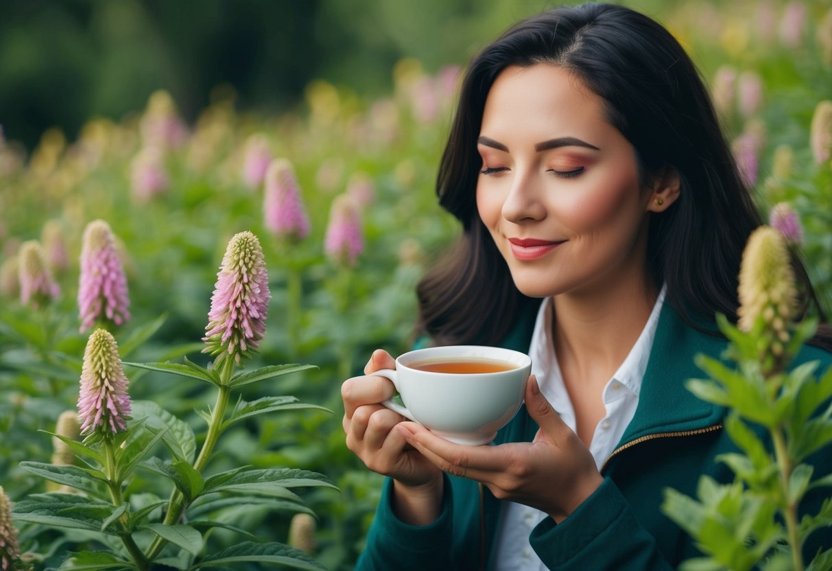 A person enjoying a cup of mullein tea in a peaceful, natural setting, surrounded by vibrant greenery and blooming mullein flowers