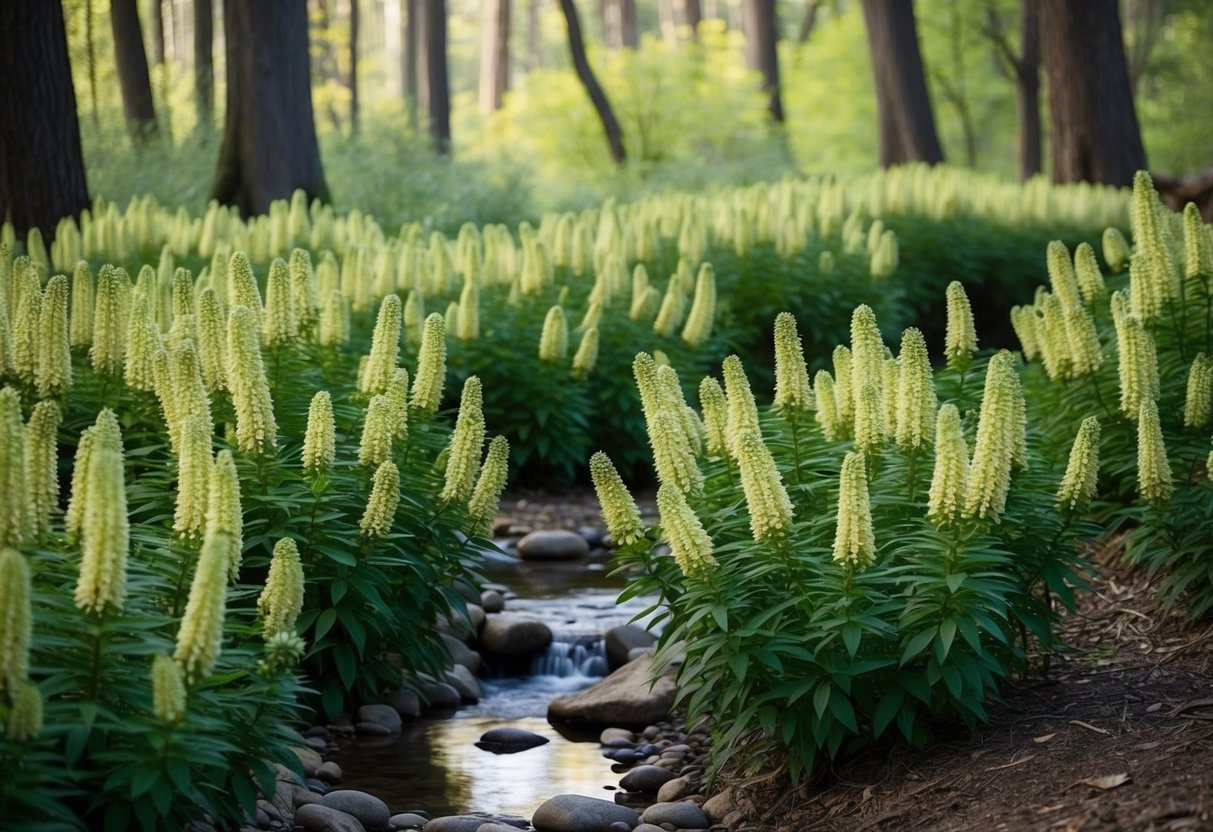 A serene forest clearing with a small stream, surrounded by towering Mullein plants in full bloom, with a sense of tranquility and healing energy