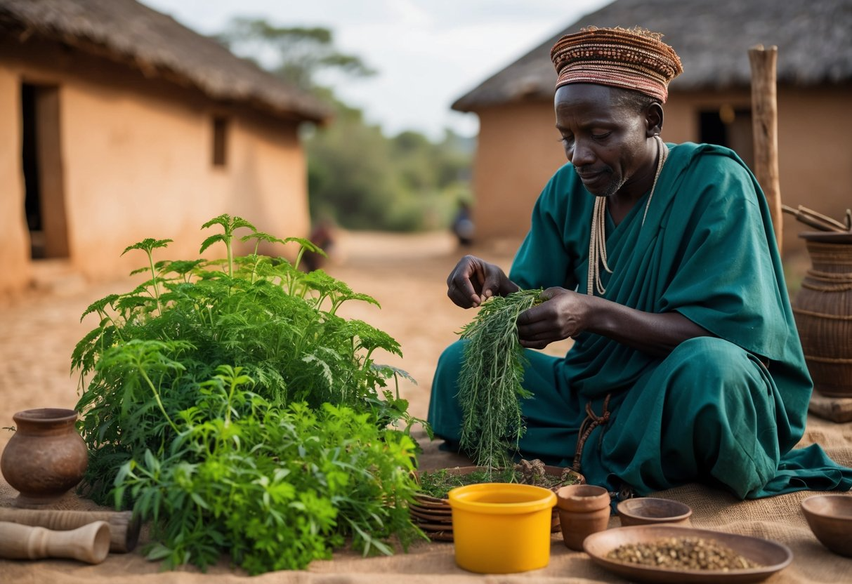 A traditional healer gathers Fadogia Agrestis plants in a historical African village. The healer carefully prepares the herbs for medicinal use, surrounded by ancient remedies and tools