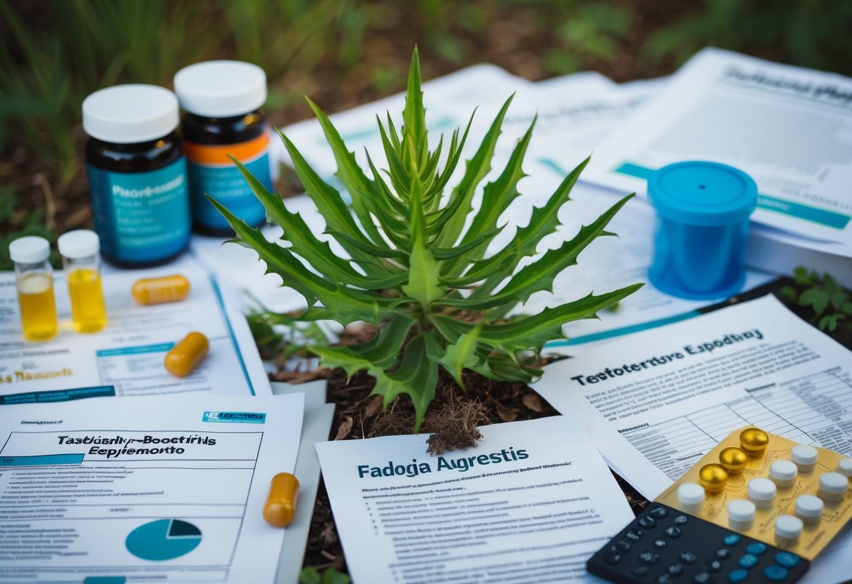 A wild plant of Fadogia Agrestis surrounded by testosterone-boosting supplements and scientific research papers