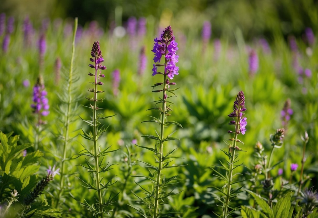 A lush, green field of Fadogia Agrestis plants, with vibrant flowers and tall, slender stems, surrounded by a diverse array of other wild flora