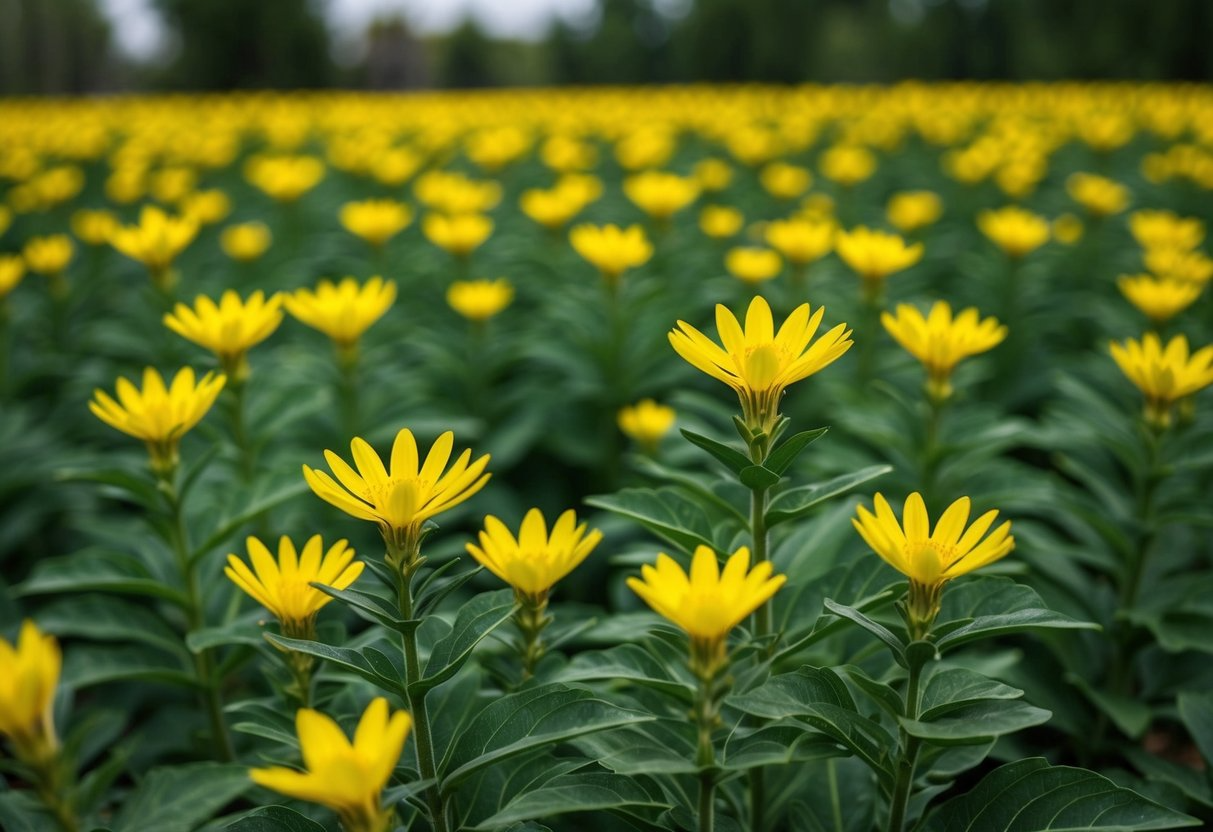 A field of Fadogia Agrestis plants in full bloom, with bright yellow flowers and green leaves stretching out in all directions