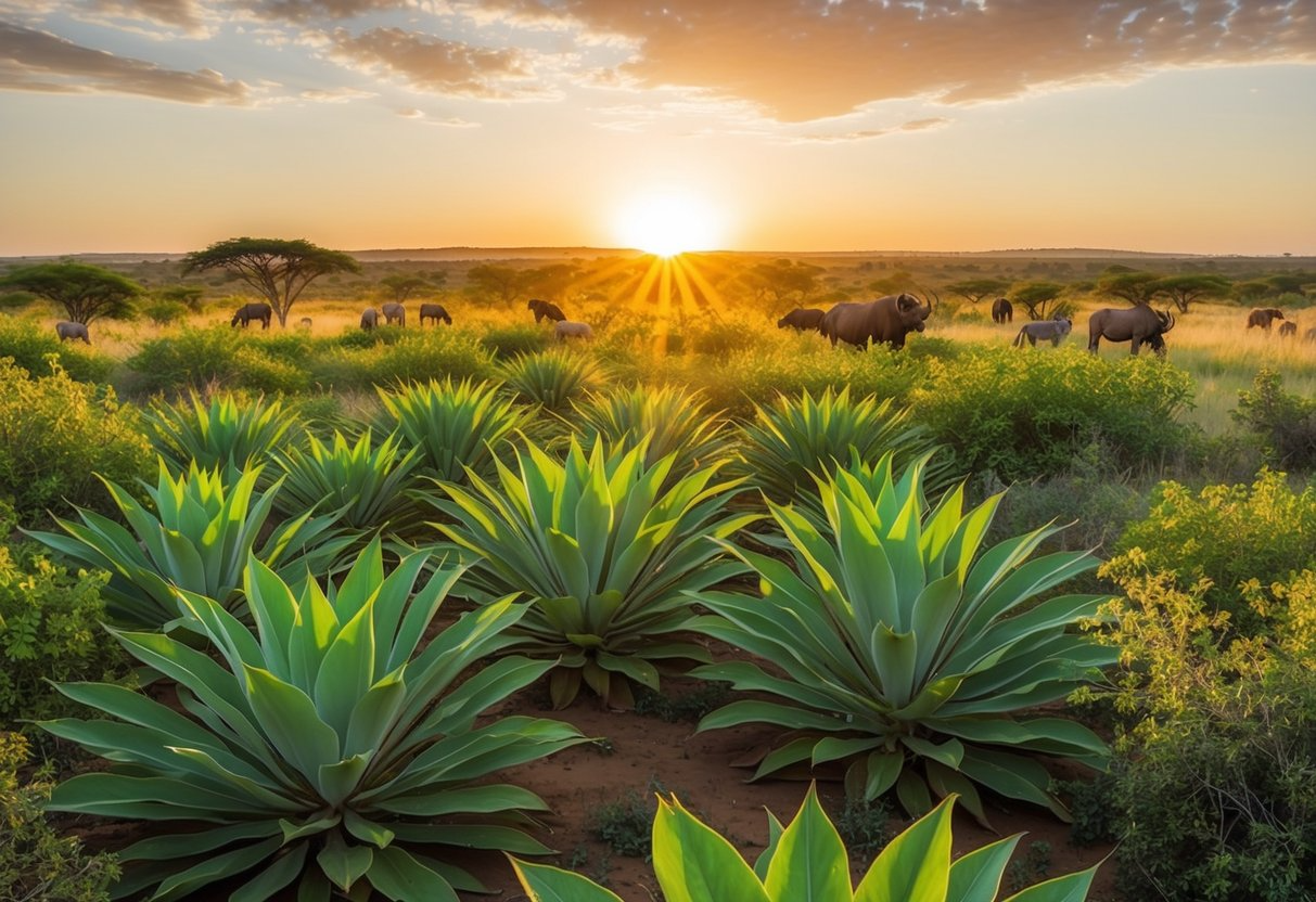 A lush, vibrant savanna with Fadogia Agrestis plants thriving under the warm sun, surrounded by diverse wildlife