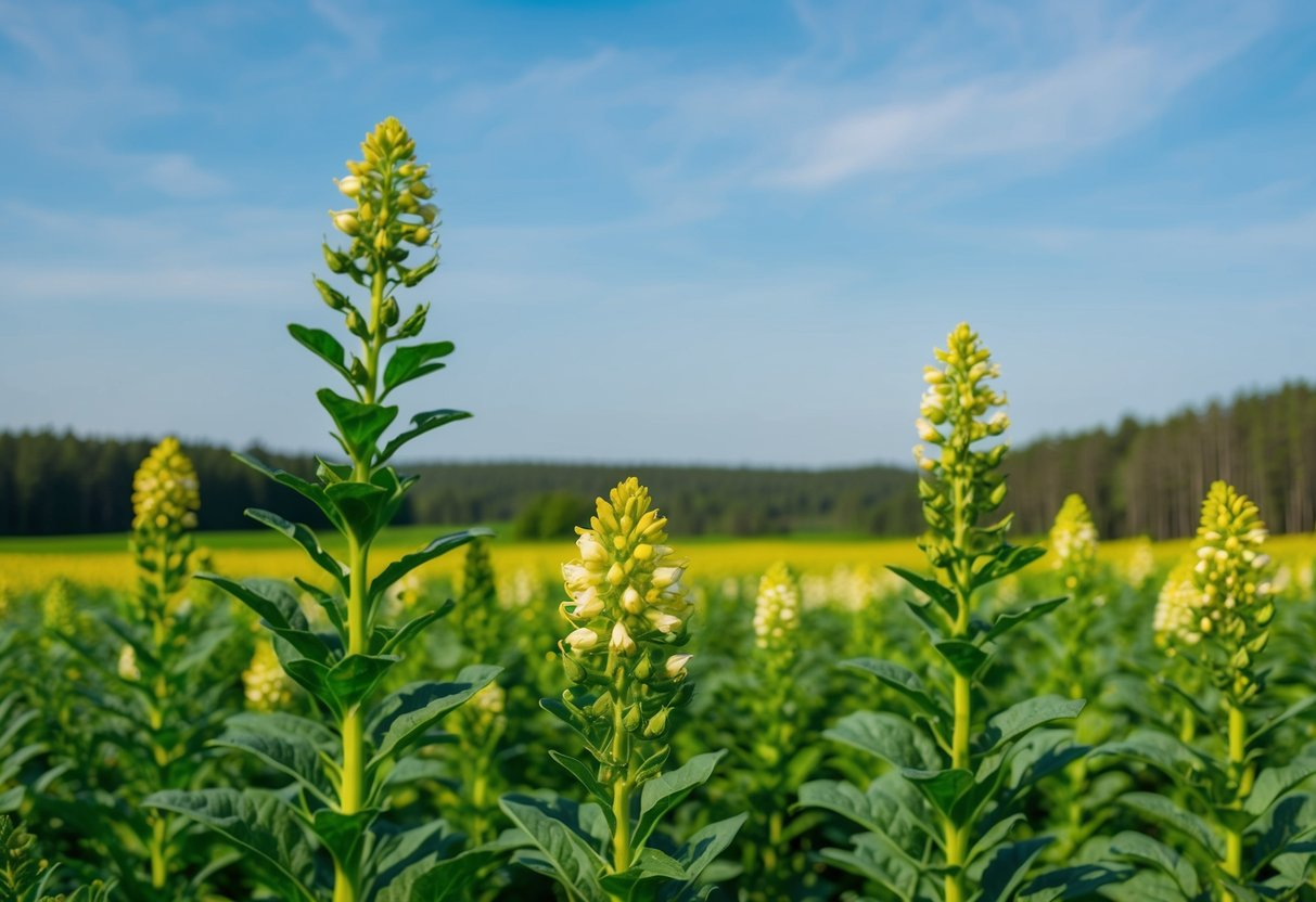 A lush green field with Fadogia Agrestis plants in full bloom, surrounded by a forest and a clear blue sky above