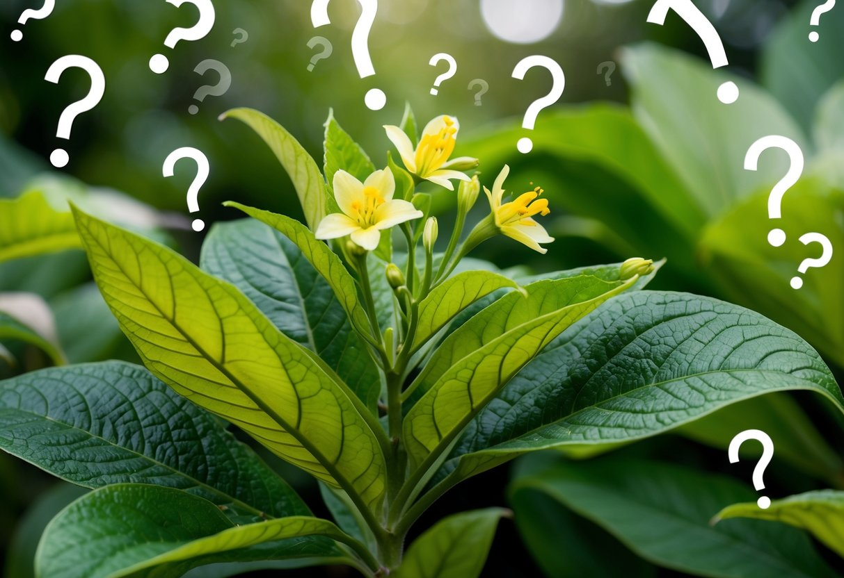 A lush botanical illustration of Fadogia Agrestis plant with vibrant green leaves and delicate yellow flowers, surrounded by a halo of floating question marks