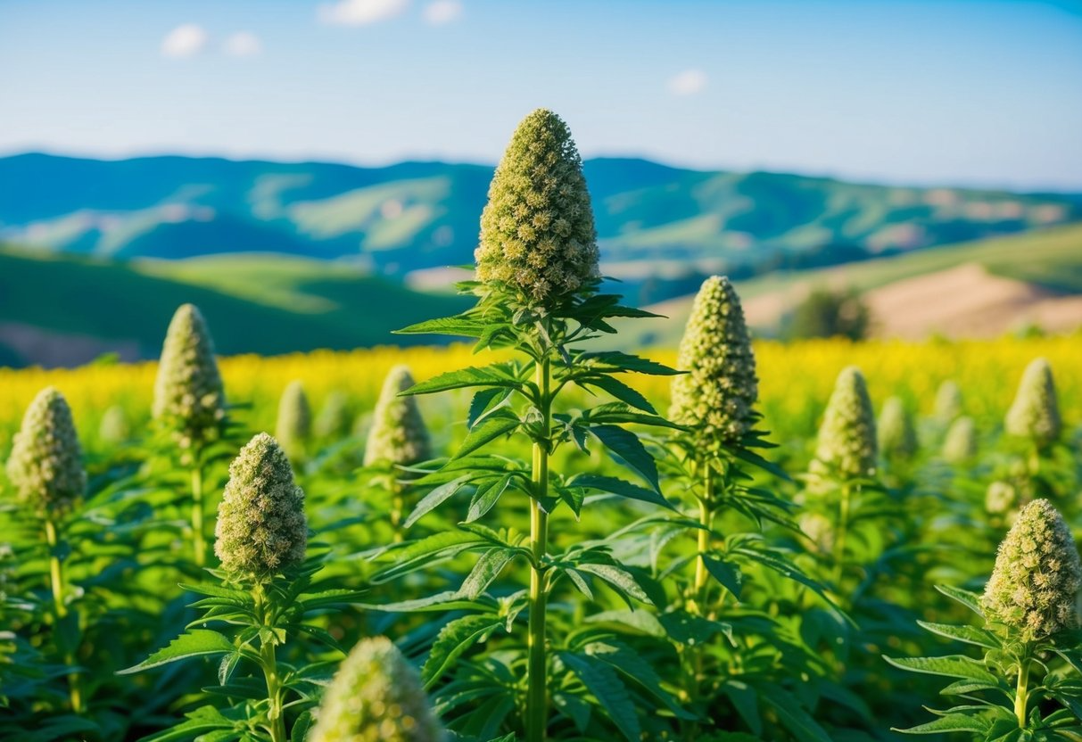 A lush, vibrant field of Fadogia Agrestis plants stands tall against a backdrop of rolling hills and clear blue skies, showcasing the natural beauty and potential benefits of this herbal supplement