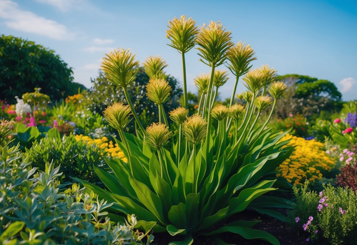 A lush, vibrant landscape with Fadogia Agrestis plants in full bloom, surrounded by various other plants and flowers, under a clear blue sky