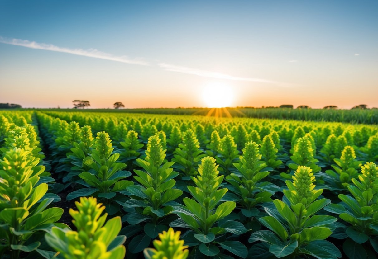 A lush, green field of Fadogia Agrestis plants stretching into the distance, with a clear blue sky overhead and the sun casting a warm glow on the landscape