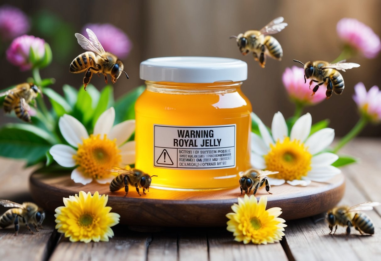 A jar of royal jelly sits on a wooden table, surrounded by buzzing bees and blooming flowers. A warning label is prominently displayed