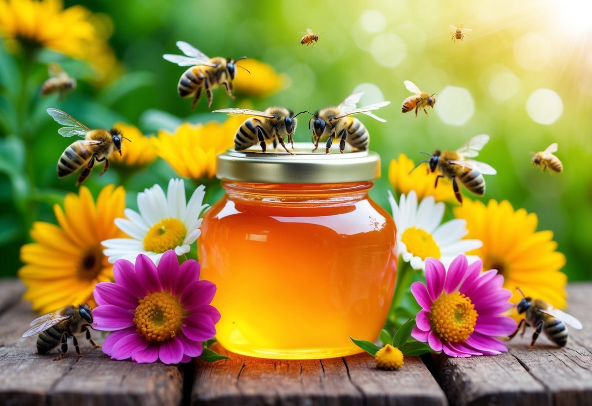 A jar of royal jelly surrounded by vibrant, blooming flowers and buzzing bees, with a sense of vitality and energy radiating from the scene