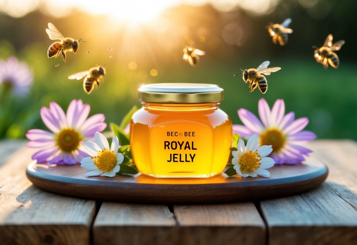 A jar of royal jelly sits on a wooden table surrounded by blooming flowers and buzzing bees. The morning sun casts a warm glow on the scene