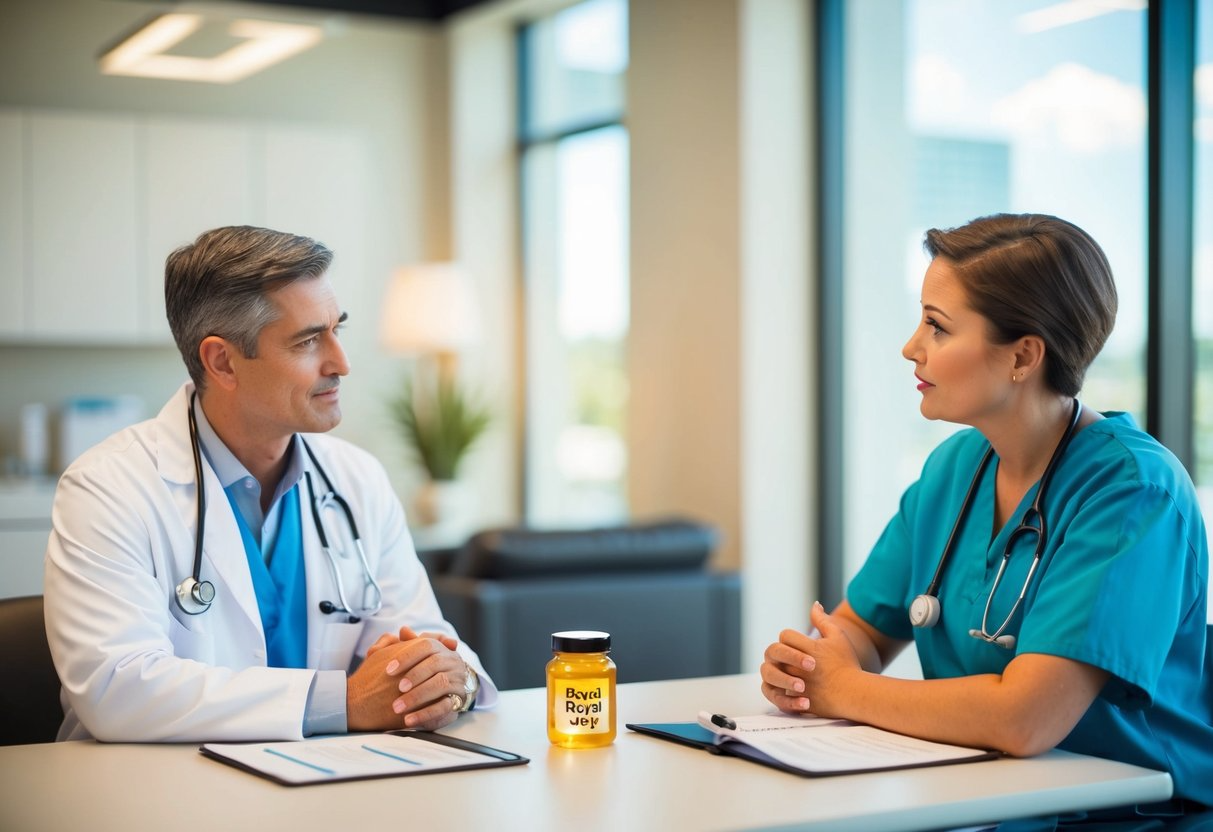 A person sitting across from a healthcare provider, discussing the daily intake of royal jelly. The provider is listening attentively while the person is expressing their concerns