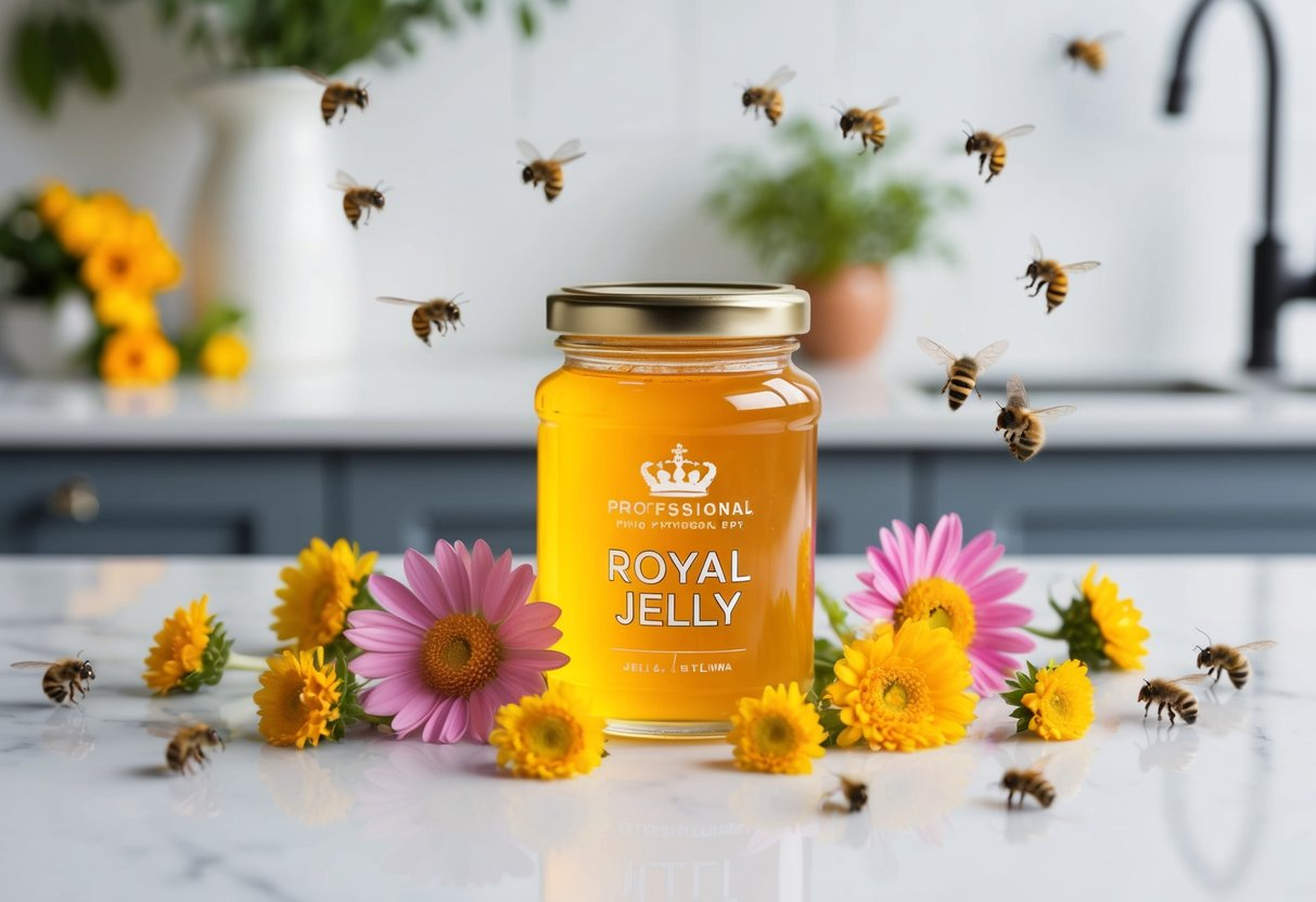 A jar of royal jelly sits on a clean, white countertop, surrounded by a scattering of fresh, vibrant flowers and buzzing bees