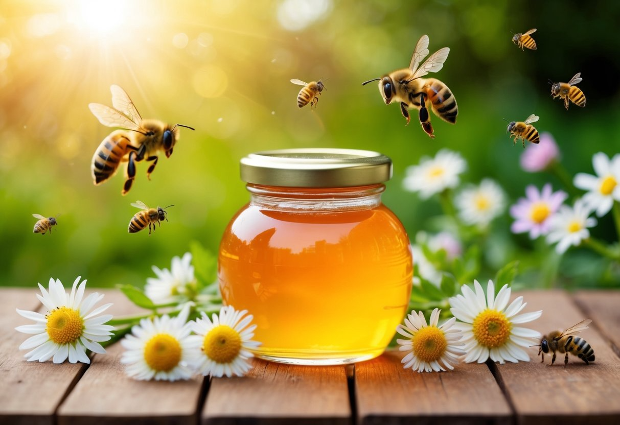 A jar of royal jelly sits on a wooden table, surrounded by buzzing bees and blooming flowers. A personified sun smiles down on the scene