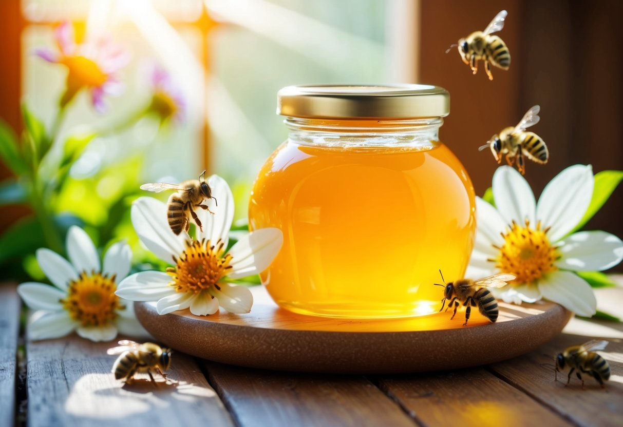 A jar of royal jelly sits on a wooden table surrounded by blooming flowers and buzzing bees. A beam of sunlight shines through the window, illuminating the golden liquid inside the jar