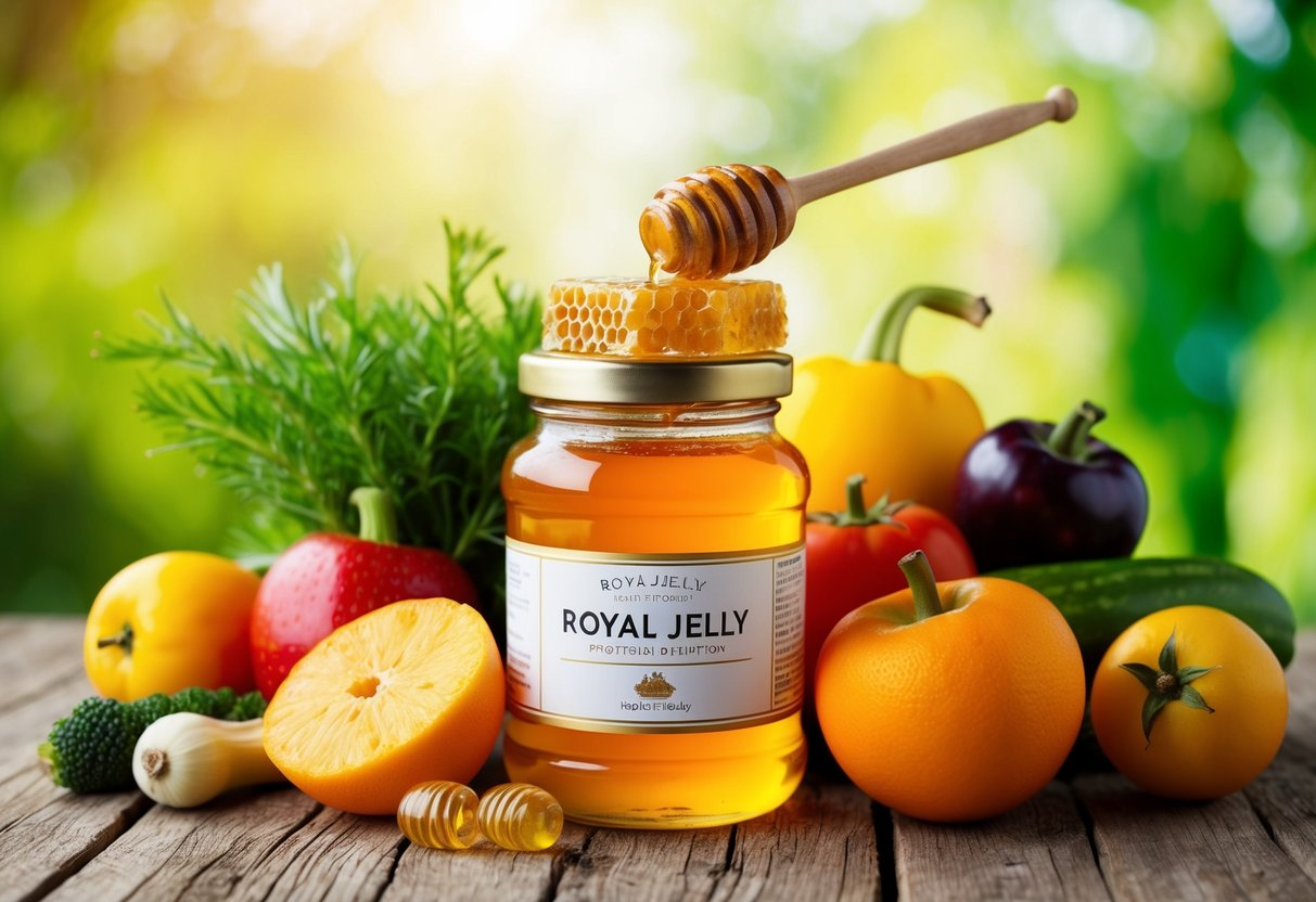 A jar of royal jelly surrounded by fresh honeycomb and a variety of colorful fruits and vegetables, representing a balanced and nutritious diet