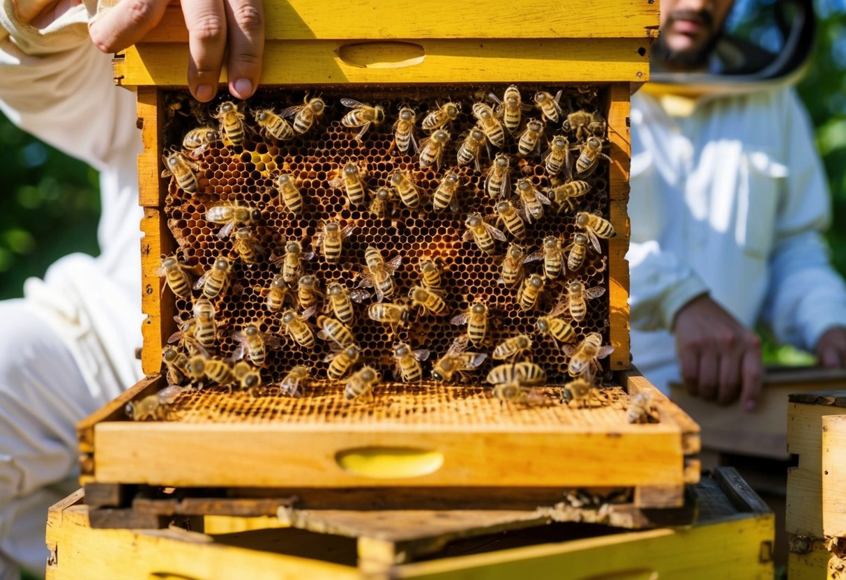 A busy beehive with worker bees producing royal jelly in hexagonal cells. A person taking royal jelly daily and feeling energized and healthy