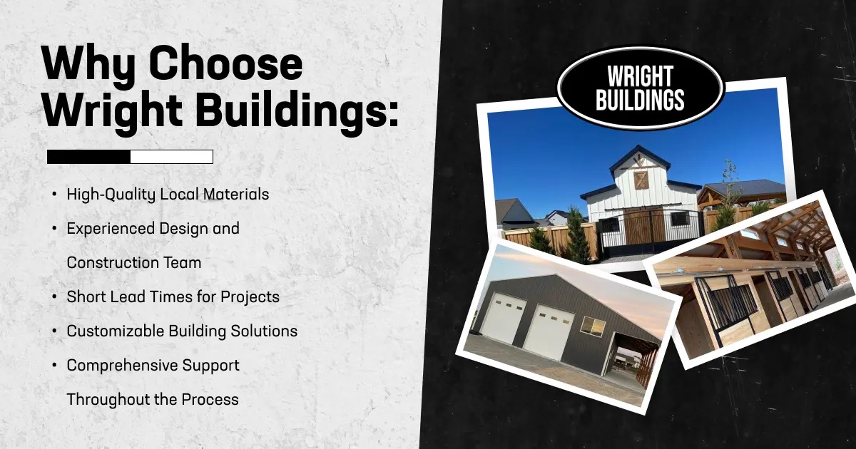 "Why Choose Wright Buildings" graphic highlighting benefits such as high-quality materials, an experienced team, customizable solutions, and project support.