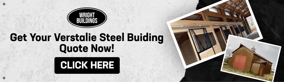 "Get Your Versatile Steel Building Quote Now!" banner featuring Wright Buildings logo and images of steel building interiors and exteriors.