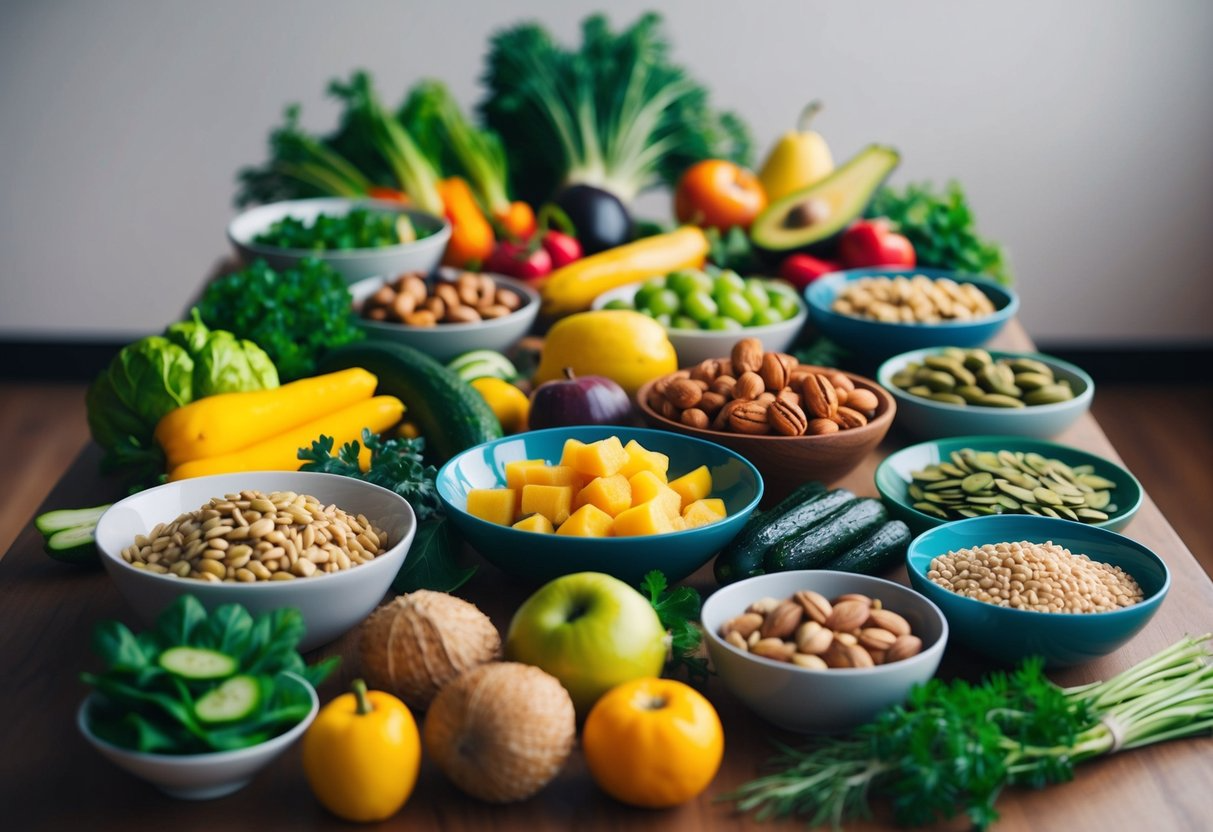 A table set with a variety of plant-based foods, including vegetables, fruits, nuts, and seeds, arranged in an appealing and colorful manner