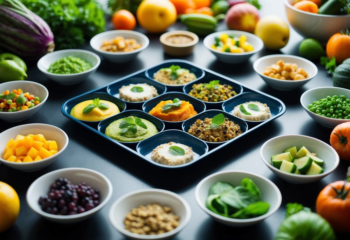 A table set with small portions of plant-based foods in different colors and textures, surrounded by a variety of fresh fruits and vegetables