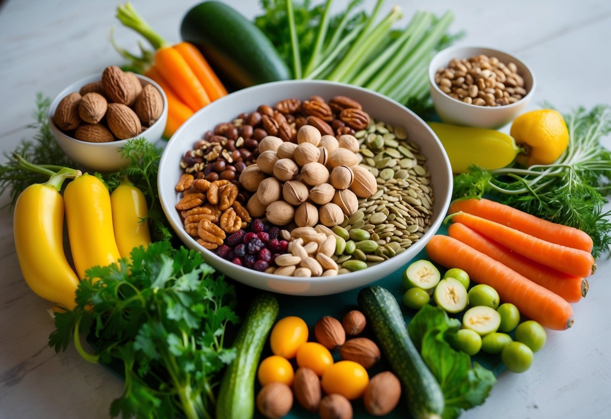 A table with various plant-based foods such as nuts, seeds, and vegetables arranged in a balanced and colorful manner