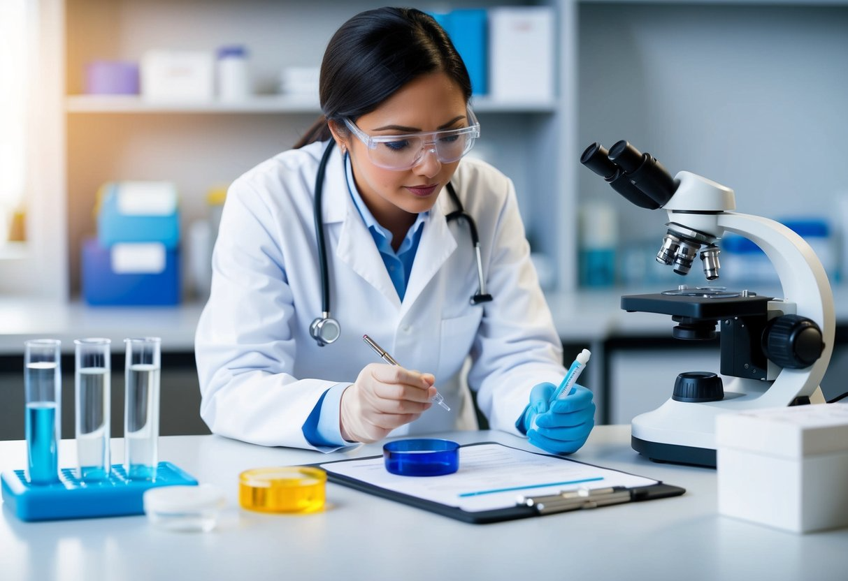 A lab setting with test tubes, petri dishes, and a microscope. A researcher is examining samples of food and recording data on a clipboard