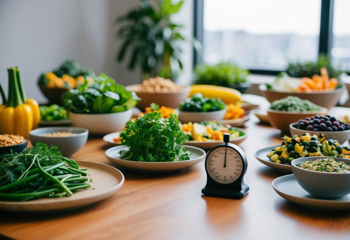 A table with various plant-based foods arranged in a specific order, with a timer set next to it