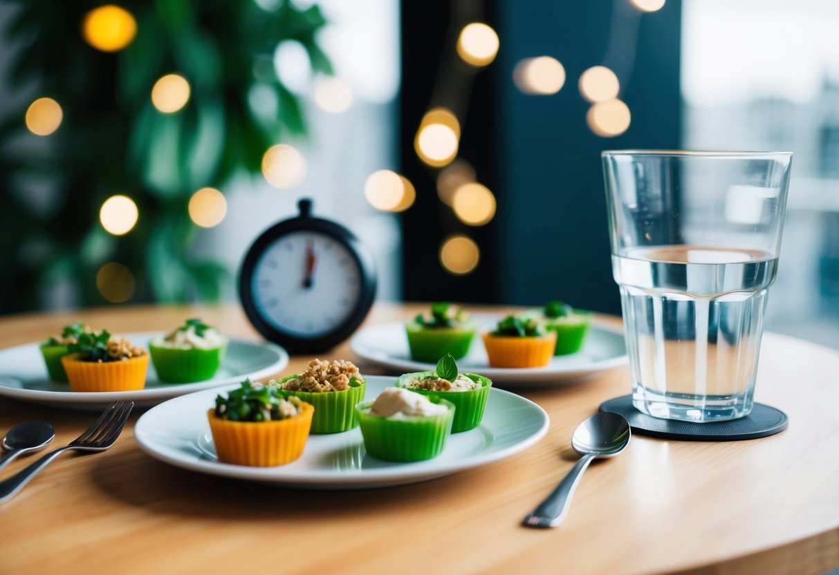 A table set with small portions of plant-based foods, a timer, and a glass of water