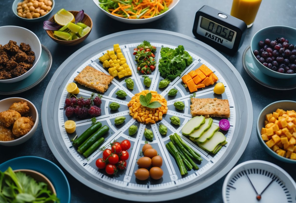 A table with various food items arranged in a specific pattern, surrounded by a timer set for fasting