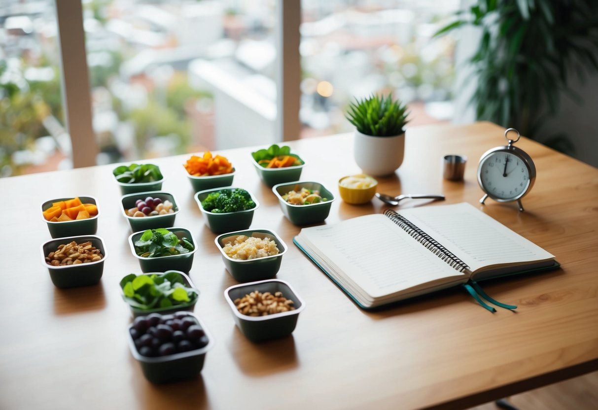 A table set with small portions of plant-based foods in different containers, a timer indicating the fasting period, and a journal for tracking progress