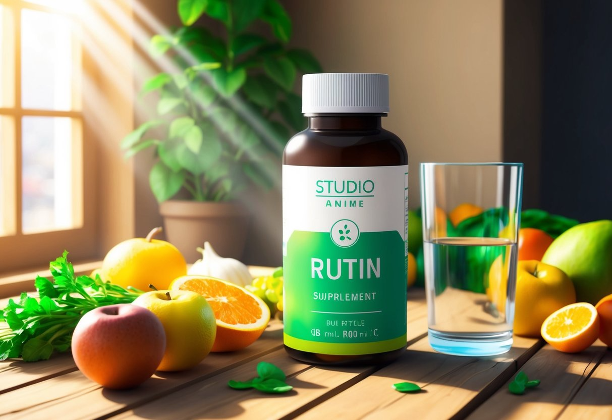 A bottle of rutin supplements sits on a wooden table surrounded by fresh fruits and vegetables, with a glass of water nearby. Sunlight streams through a nearby window, casting a warm glow over the scene