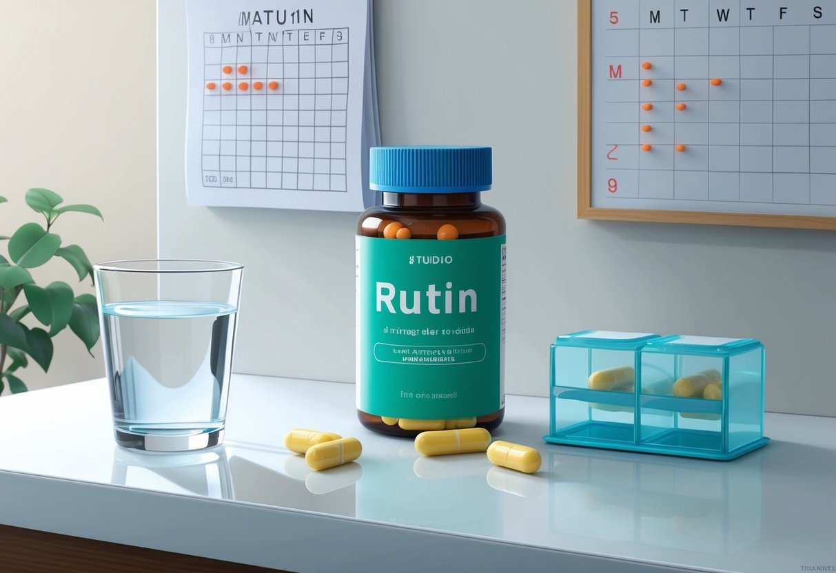 A bottle of rutin pills sits on a clean, white countertop next to a glass of water and a daily pill organizer. A calendar hangs on the wall, with each day marked off in red