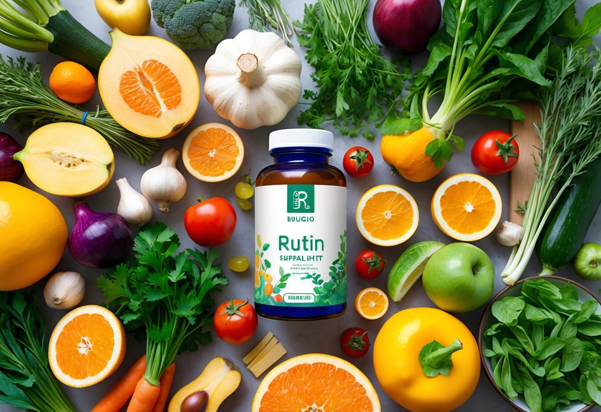 A colorful array of fruits, vegetables, and herbs spread out on a kitchen counter, with a bottle of rutin supplement placed prominently in the center