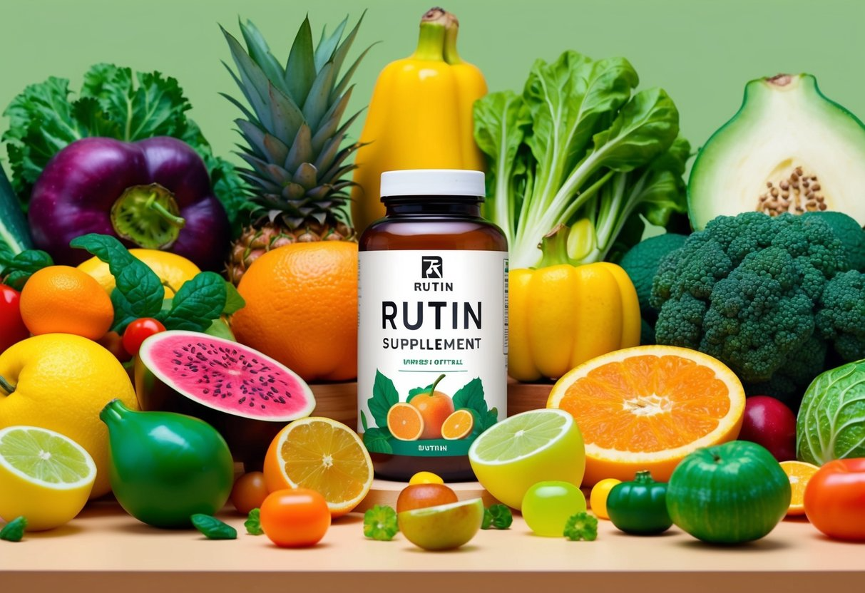 A colorful assortment of fruits and vegetables arranged on a table, with a bottle of rutin supplement prominently displayed among them