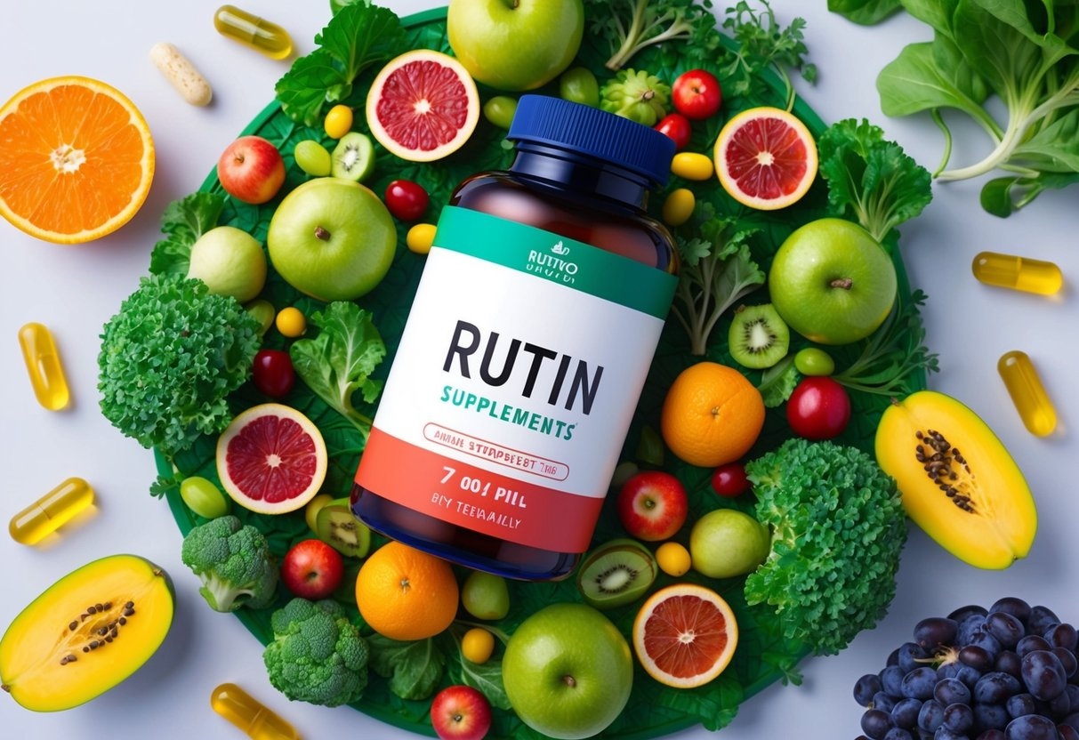 A bottle of rutin supplements surrounded by various fruits and vegetables, with a person taking one pill daily