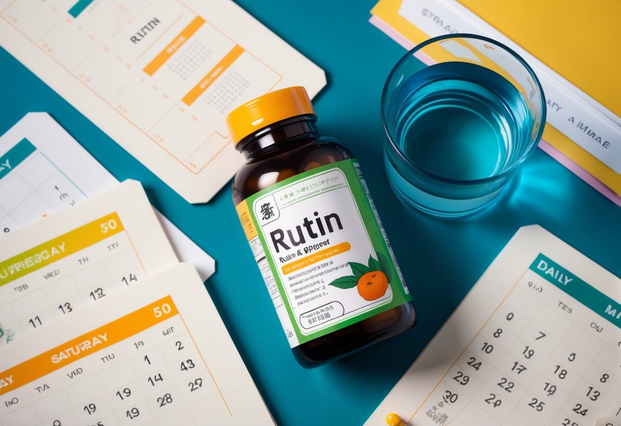 A bottle of rutin supplements surrounded by daily calendar pages and a glass of water