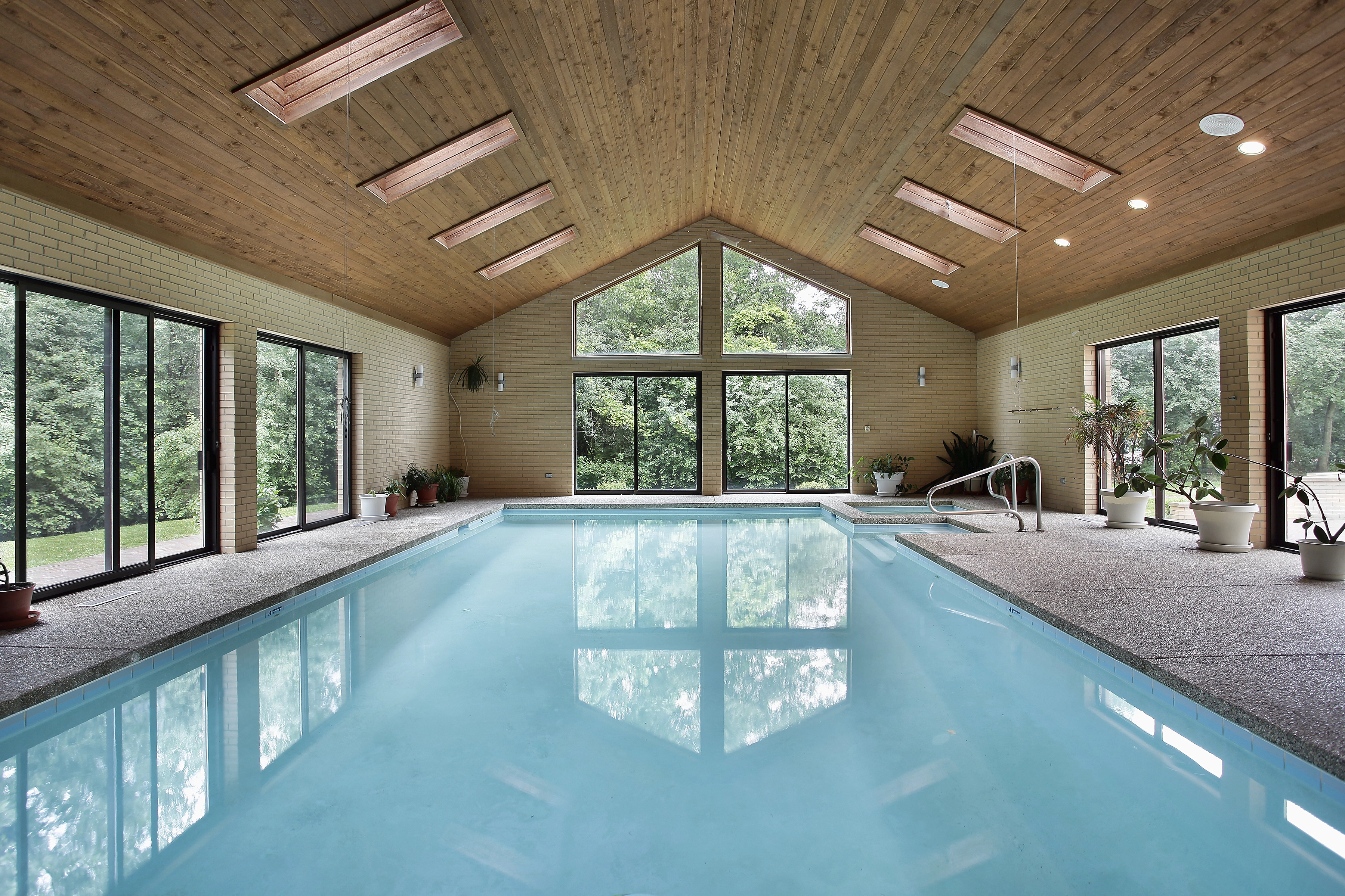 An indoor swimming pool with large sliding glass doors and windows overlooking lush greenery. The room features a vaulted wooden ceiling with skylights, potted plants along the perimeter, and a calm ambiance.