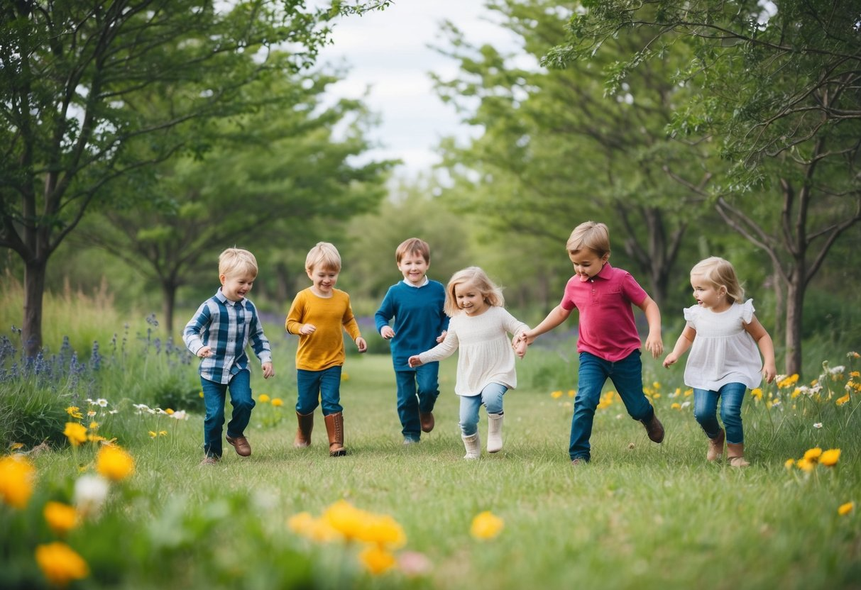 A group of children playing in a peaceful, natural setting surrounded by trees and flowers, with a sense of calm and safety